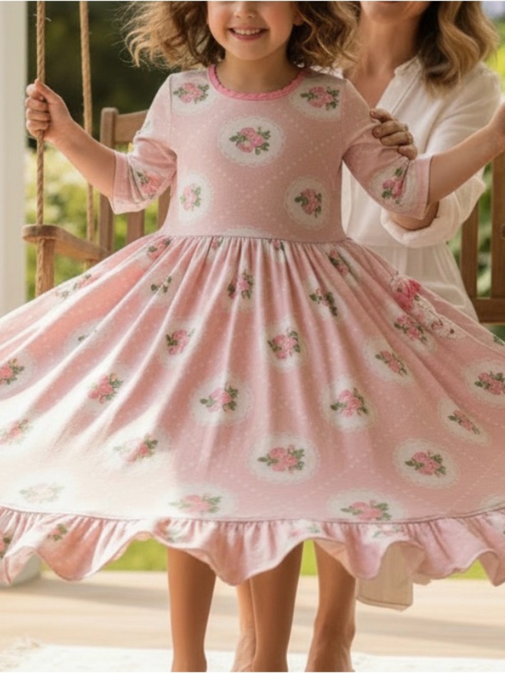 Eleanor Rose Girl Pink Floral Ruffle Knit Twirl Dress Est size 6